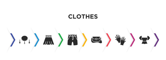clothes filled icons with infographic template. glyph icons such as jewelry, circle skirt, chino shorts, messenger bag, wool gloves, peplum top vector.