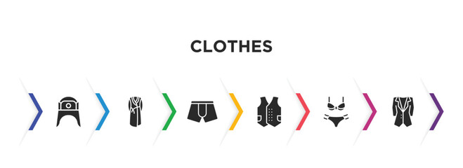 clothes filled icons with infographic template. glyph icons such as ushanka, dressing gown, boxers, waistcoat, bra & knicker, dinner jacket vector.