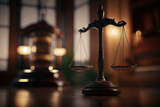 Scales of justice in the courtroom, dark lighting, punishment system for prisoners, presumption of innocence, constitution day. Generative AI.