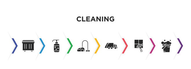 cleaning filled icons with infographic template. glyph icons such as wiping trash container, wiping soap, wiping vacuum tool, garbage truck cleanin, clean window, bucket cleanin vector.