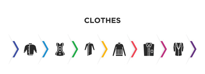 Naklejka premium clothes filled icons with infographic template. glyph icons such as windbreaker, cor, kurta, turtleneck, chemise, suit jacket vector.