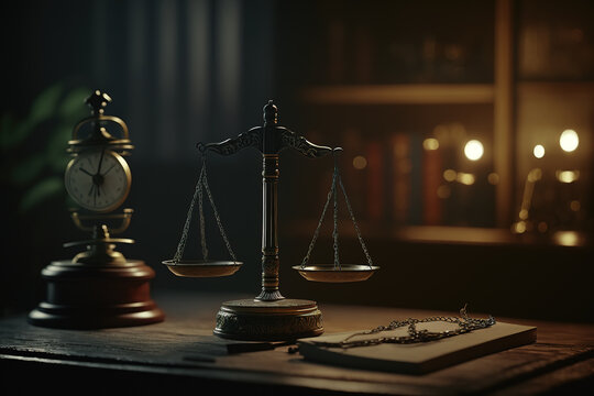 Scales of justice in the courtroom, dark lighting, punishment system for prisoners, presumption of innocence, constitution day. Generative AI.