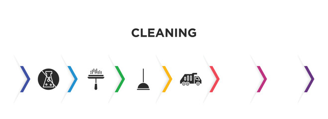 cleaning filled icons with infographic template. glyph icons such as preservatives, window cleaner, mop, hygroscopic, squeeze, garbage truck vector.