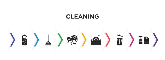 cleaning filled icons with infographic template. glyph icons such as clean room, plunger, sponges, washing plate, bin, cleaning products vector.