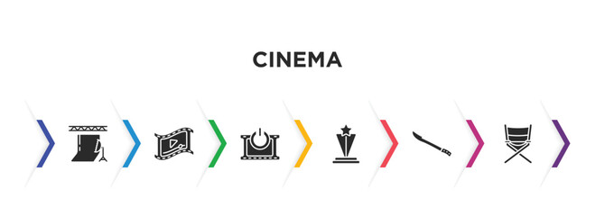 cinema filled icons with infographic template. glyph icons such as studio, video clip, turn on, film award, hete, film director vector.