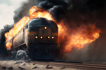 Burning train car on fire accident on train yard. Neural network AI generated art