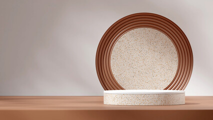 blank space terrazzo pattern podium in landscape white wall and brown circle, 3d image render