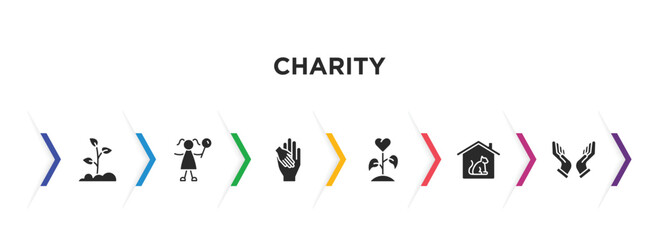 charity filled icons with infographic template. glyph icons such as reforestation, happy kids, charity, plant heart, animal shelter, praying vector.