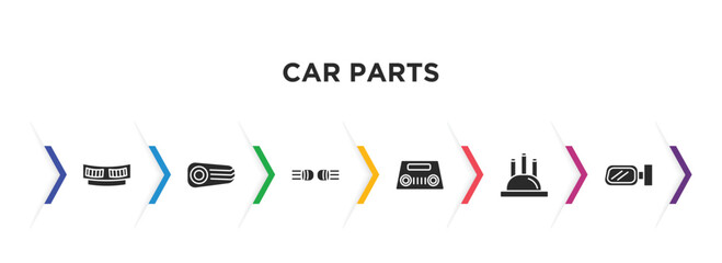car parts filled icons with infographic template. glyph icons such as car cowl, car reversing light, indicator, parcel shelf, distributor cap, wing mirror vector.