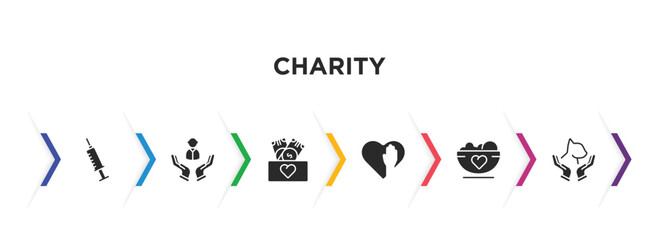 charity filled icons with infographic template. glyph icons such as vaccine, human, cash box, voluntary service, charity food, animal rights vector.