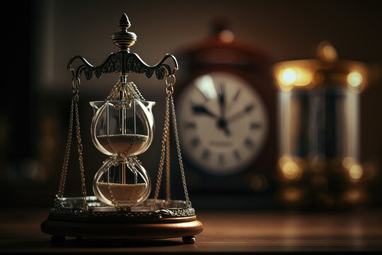 Scales of justice in the courtroom, dark lighting, punishment system for prisoners, presumption of innocence, constitution day. Generative AI.