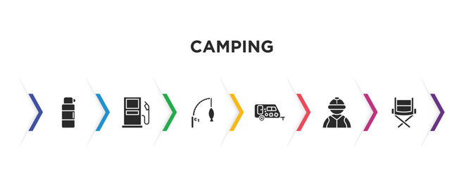 camping filled icons with infographic template. glyph icons such as thermo, gasoline, fishing rod, caravan, jockey, camp chair vector.