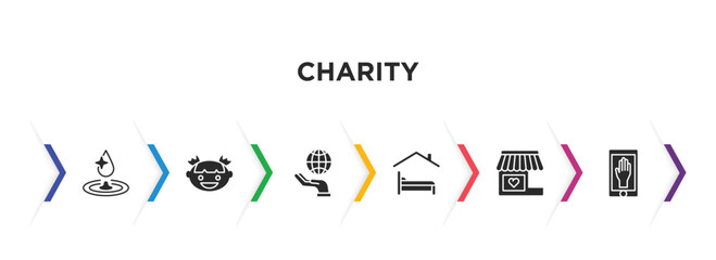 charity filled icons with infographic template. glyph icons such as clean water, smiley face, enviromental protection, shelter beds, charity shop, charity app vector.