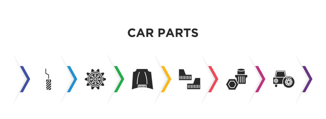 car parts filled icons with infographic template. glyph icons such as car pedal, car sprocket, hood, mud flap, wheel nut, spare wheel vector.