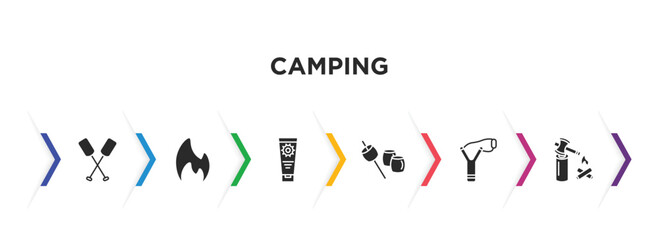 camping filled icons with infographic template. glyph icons such as oar, gas, sun lotion, marshmallow, slingshot, firewood vector.