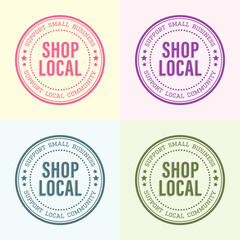 Shop local, buy local. Shop small business concept. Support local community. Set of four icon doodle badges, icon. Flat vector illustrations Bright colors