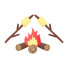 Bone fire at campsite concept, Grilling the Food at Picnic vector color icon design, Camping and outdoor symbol, extreme sports equipment sign, Wildlife and Expedition elements stock illustration 