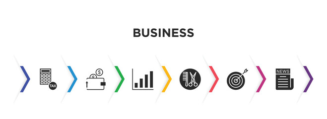 business filled icons with infographic template. glyph icons such as tax calculate, purpose of saving money, bar diagram, hair salon, circular target, newspaper page vector.