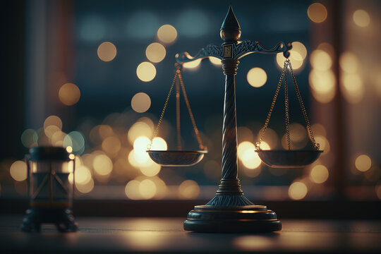 Scales of justice in the courtroom, dark lighting, punishment system for prisoners, presumption of innocence, constitution day. Generative AI.