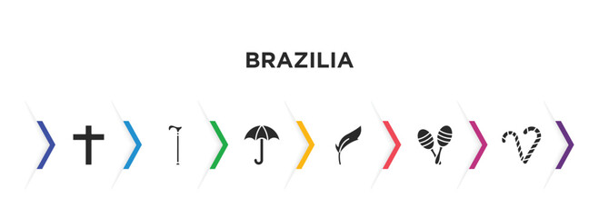 brazilia filled icons with infographic template. glyph icons such as lent, cane, sun umbrella, feathers, maracas, canes vector.