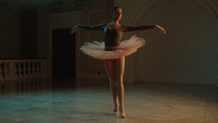 Cinematic shot of graceful female ballet dancer on choreography rehearsal in theater lobby,...