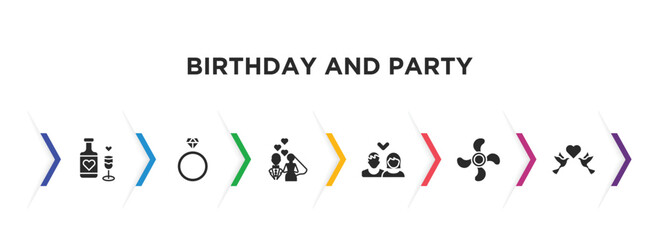birthday and party filled icons with infographic template. glyph icons such as wedding wine, ring, newlyweds, couple, blower, love birds vector.