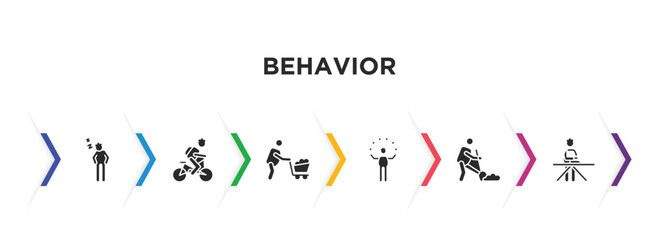 behavior filled icons with infographic template. glyph icons such as man snoozing, man cycling, man wirth carry, circus digging, ironing vector.