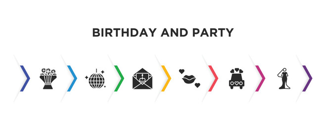 birthday and party filled icons with infographic template. glyph icons such as wedding flowers, mirror ball, birthday invitation, kiss, wedding car, bride vector.