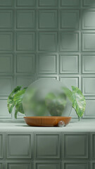 blank space wood textured podium in portrait circle frosted glass, alocasia plant, 3d image render