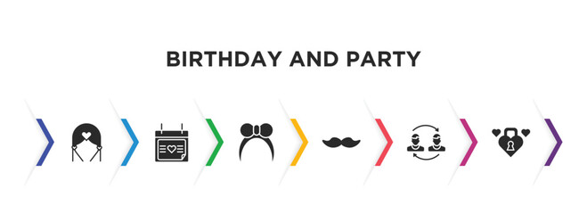birthday and party filled icons with infographic template. glyph icons such as wedding altar, wedding day, headband, mustache, relationship, love lock vector.