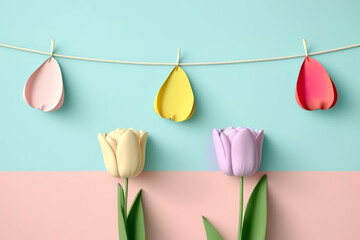 Happy Ladies Day. Pastel-colored tulips and paper raindrops on a two-toned background create a simplistic yet cheerful spring-themed composition, AI generated. 