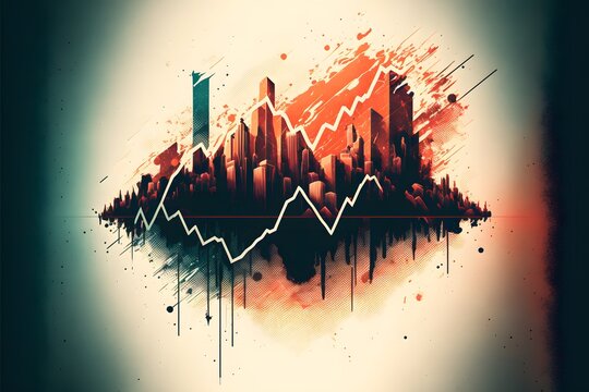 Business illustration of chart/graph movements through a cityscape theme