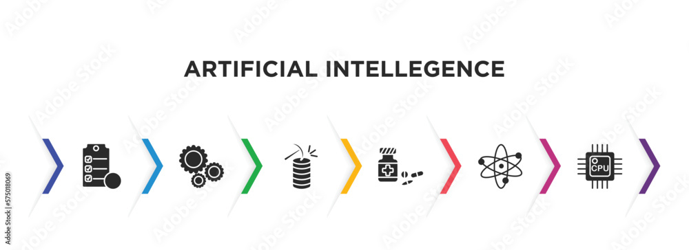 Poster artificial intellegence filled icons with infographic template. glyph icons such as check list, hine