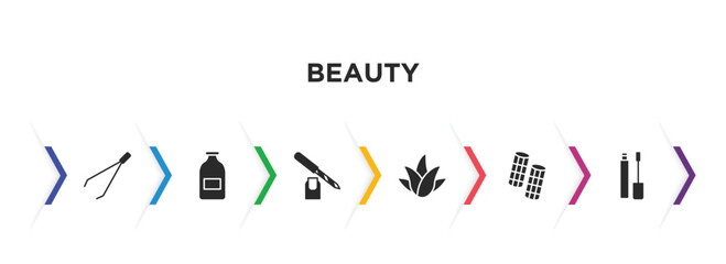 beauty filled icons with infographic template. glyph icons such as tweezers, inclined bottle, pedicure, aloe vera, curlers, concealer vector.