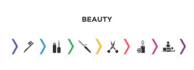 beauty filled icons with infographic template. glyph icons such as teeth brush, liner, hair curler, hairdresser scissors, candle flower, relaxing massage vector.