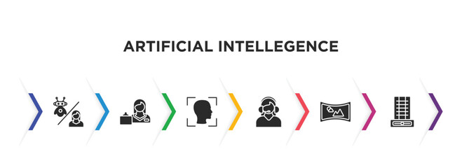 artificial intellegence filled icons with infographic template. glyph icons such as robots and humans, shop assistant, face recognition, assistant, immersive, difference engine vector.
