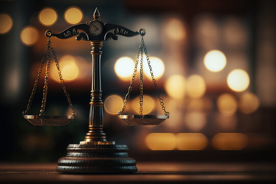 Scales of justice in the courtroom, dark lighting, punishment system for prisoners, presumption of innocence, constitution day. Generative AI.