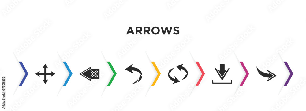 Poster arrows filled icons with infographic template. glyph icons such as drag, backspace, left curve arrow