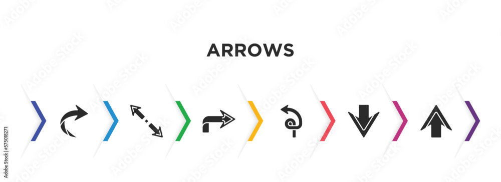 Poster arrows filled icons with infographic template. glyph icons such as right curve, diagonal resize, rig