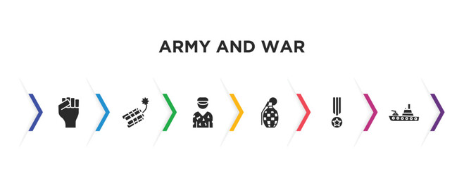 army and war filled icons with infographic template. glyph icons such as rebellion, dynamite, conscription, granade, condecoration, army boat vector.