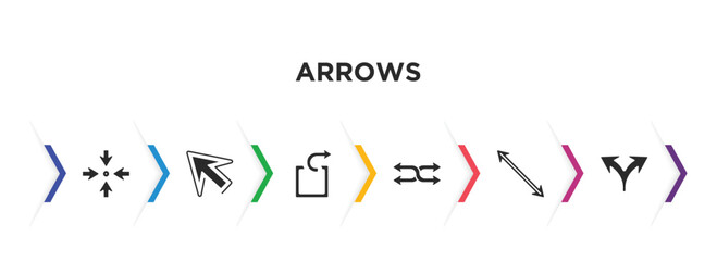 arrows filled icons with infographic template. glyph icons such as focus, diagonal arrows, extract, suffle, diagonal arrow, split arrows vector.