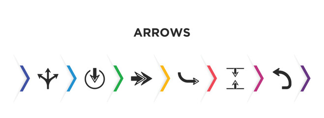 arrows filled icons with infographic template. glyph icons such as multiply, exit down, next, right direction, vertical resize, turn left vector.