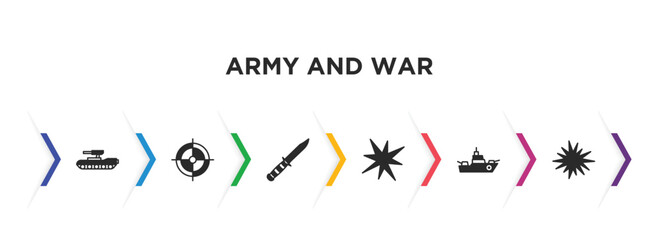 army and war filled icons with infographic template. glyph icons such as tank, gun shooting, combat knife, explosion, warship, bomb detonation vector.