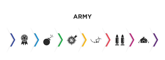 army filled icons with infographic template. glyph icons such as rank, bombs, aim, military strategy, bullets, tent vector.