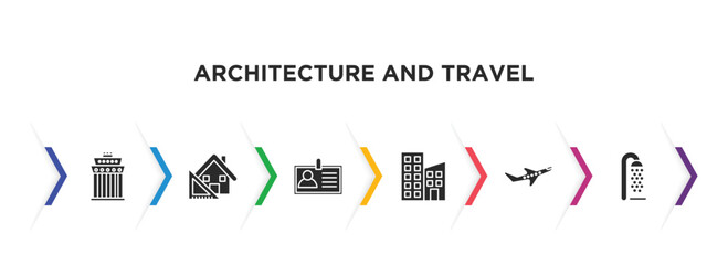 architecture and travel filled icons with infographic template. glyph icons such as brandenburg, architecture, name, apartments, flight, beach shower vector.