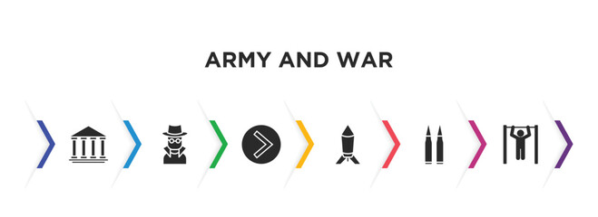 army and war filled icons with infographic template. glyph icons such as federal agency, secret agent, chevron, depth charge, two bullets, pull up vector.