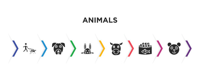 animals filled icons with infographic template. glyph icons such as walking dog, boxerhead, bunny, cows, caviar, chinese panda bear vector.