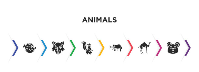 animals filled icons with infographic template. glyph icons such as globe fish, wolf, skunk, sloth, camel, koala vector.
