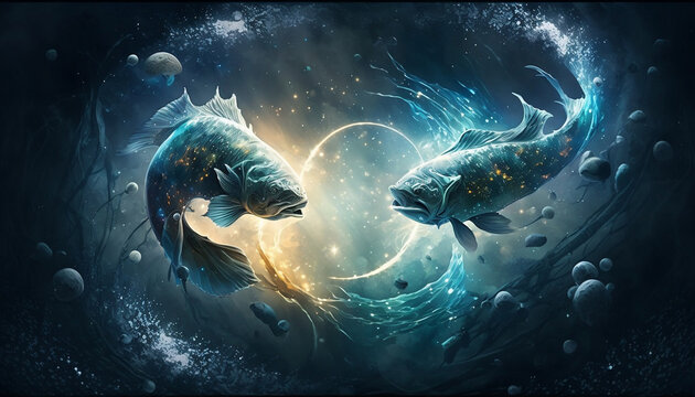 Pisces zodiac sign, with magical light in space