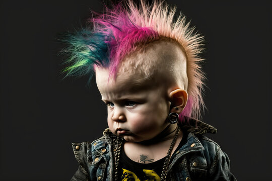 Punk baby with colorful hair, dressed in rocker outfit on dark black background with copy space, generative AI